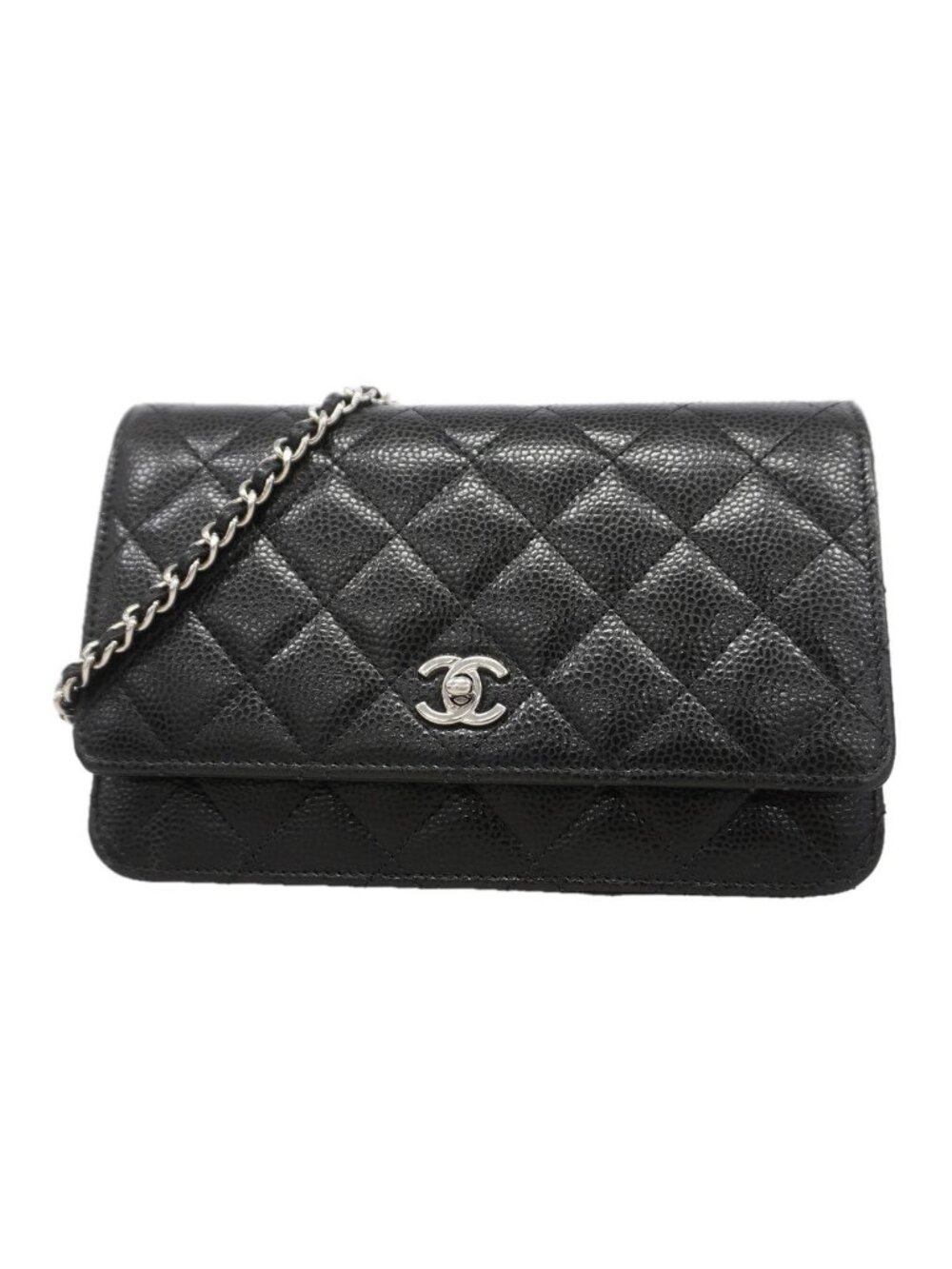 Chanel Wallet on Chain Quilted Caviar Leather Black Silver Shoulder Bag